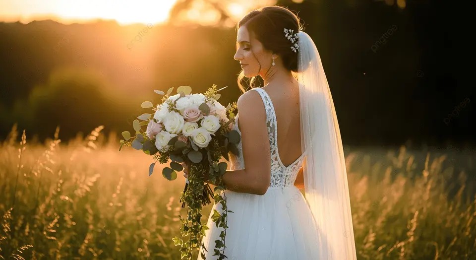 A beautiful bride holding a bouquet at sunset